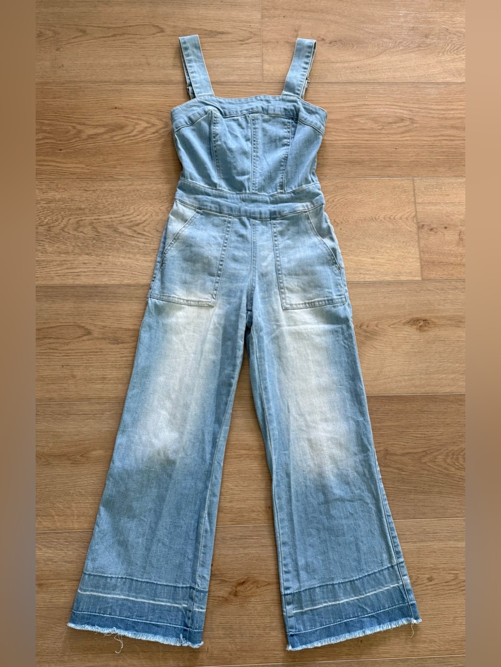Dollhouse Wide Leg Denim Jumpsuit Corset Light Wash Raw Hem Size 0
